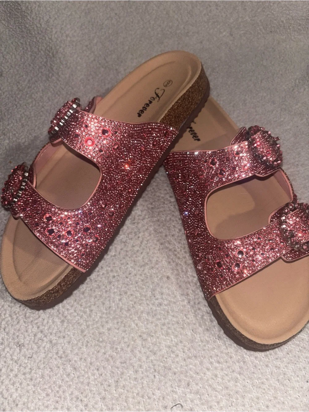 Sparkling Pink Double-Buckle Slide Sandals